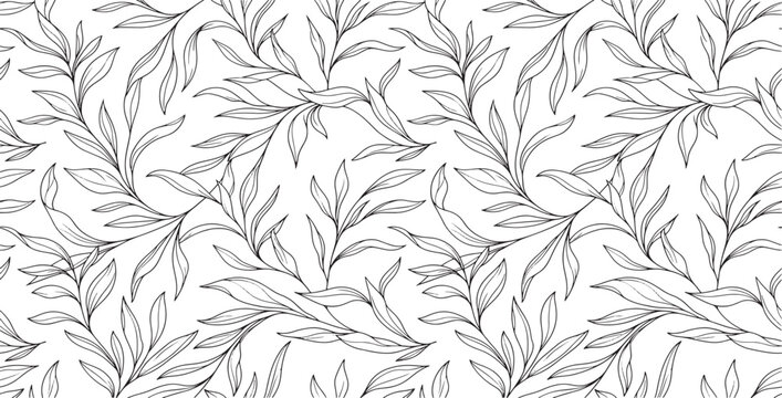 Delicate Leafy Branch Seamless Pattern Botanical Foliage Line Art Background Vector Floral Wallpaper