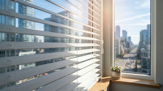 Modern office window with white Venetian blinds, bright city skyline view, sunlit urban landscape, contemporary architecture, and a small plant on the sill