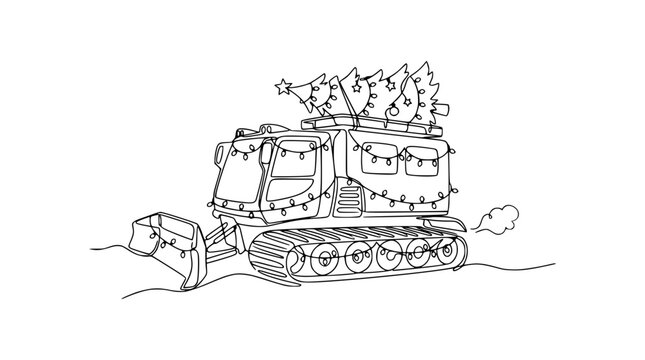 Christmas Snowcat Vehicle with Tree and Lights, Isolated Line Art
