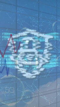 Animation of security padlock and chain icon against statistical data processing