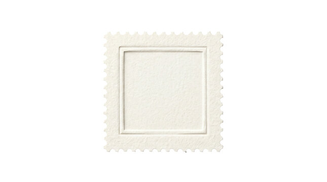 Blank square postage stamp featuring a textured paper surface with embossed edges isolated in a studio setting on transparent background