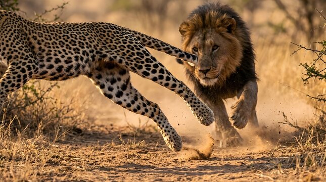 Strong Lion Running Fast After A Spotted Wild Leopard