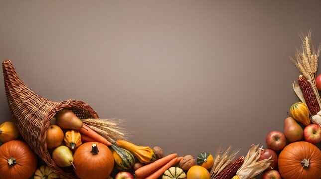Abundant thanksgiving cornucopia filled with fresh autumn harvest vegetables and fruits on a rustic background