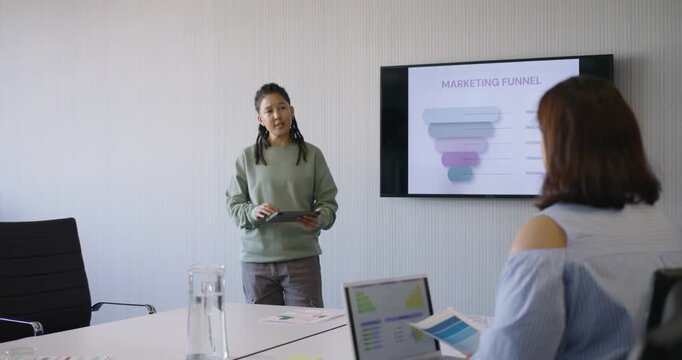 Woman consulting tablet, presenting marketing funnel while nonbinary peer reviewing charts at table