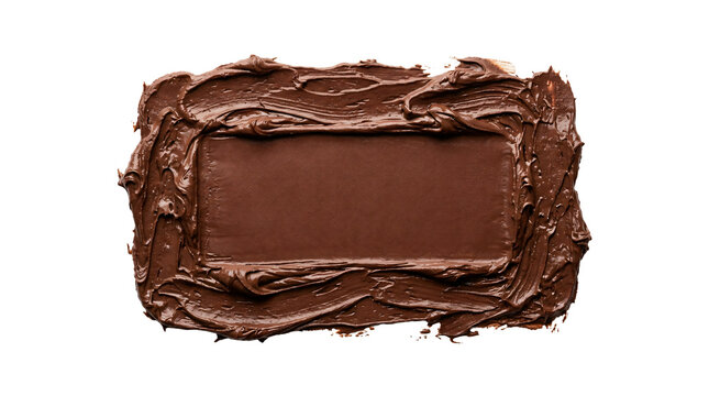 Rich dark chocolate cream spread into a rectangular frame shape with textured edges showing delicious gourmet dessert food on transparent background