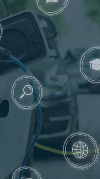 Animation of multiple digital icons against power cable pump plug in charging power to electric car