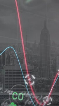 Animation of financial data processing over cityscape