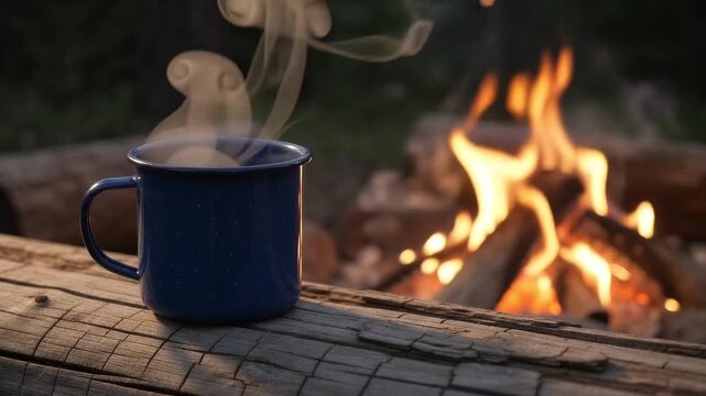 Rustic cobalt blue enamel camping mug steaming on a weathered timber log beside an evening bonfire, glowing warm embers, photorealistic.