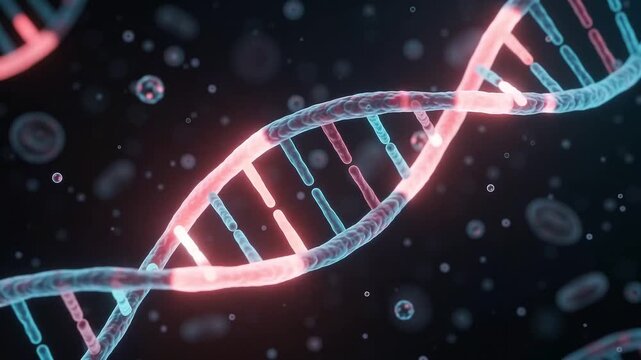 Glowing microscopic DNA double helix with luminous crimson and cyan strands, deep dark background with cellular particles, photorealistic.