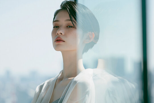透明感のあるショートカットの女性。