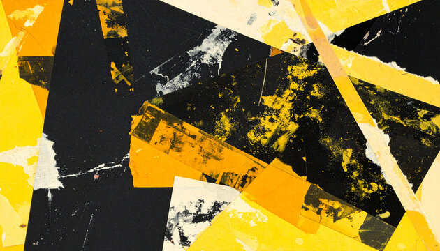 Abstract vintage collage in black, mustard yellow and warm ochre tones, overlapping geometric shapes, torn paper layers, distressed textures, rough brush strokes, faded printing imperfections.