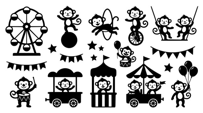 Happy Monkey Carnival Adventure Vector Collection with Circus Games Rides and Festival Elements