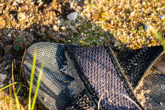 Single discarded black sandal lying on sandy ground at a gravel quarry, textured footwear abandoned in a natural outdoor wilderness setting, close up macro shot of worn summer flip flop
