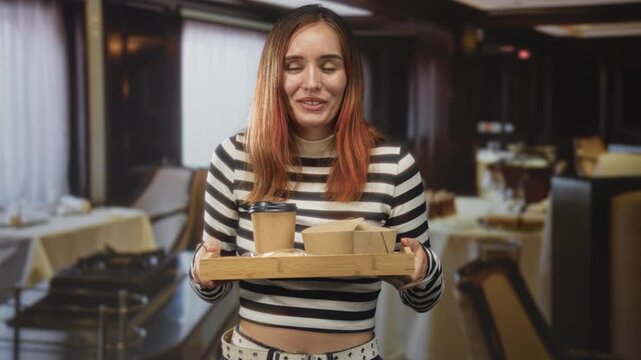 Woman holding a tray with coffee cup and takeout box in a restaurant building, striped turtleneck visible; cheerful hospitality.