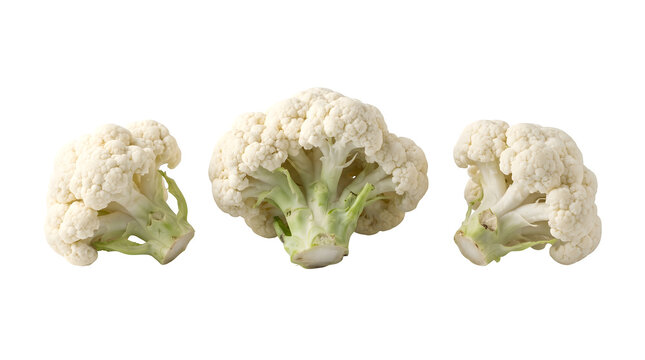 Three white cauliflower heads on transparent background for healthy eating and food concepts