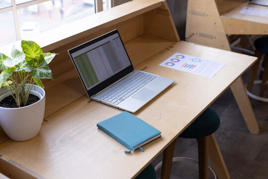 Silver laptop displaying spreadsheet is sitting on window desk with blue notebook, charts, plant
