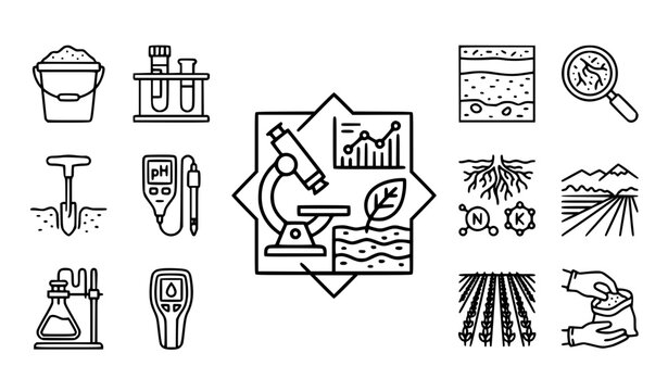 Soil Testing Agriculture Line Icons &ndash; Ground Analysis and Farming Vector Collection