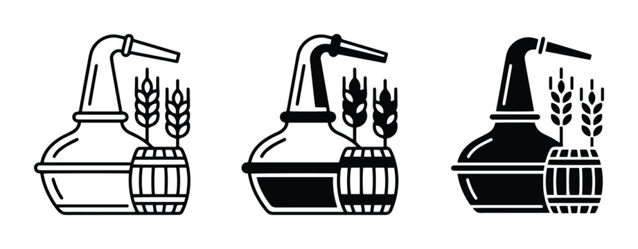 Distillery Icons: Alembic, Barrel, Wheat. Alcohol Production, Craft Beverage, Brewing Process