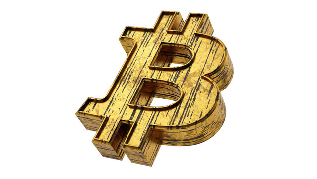 Three dimensional bitcoin symbol with a distressed gold texture and dark vertical scratches isolated on a transparent background
