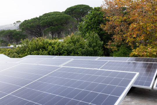 Photovoltaic solar panels are sitting in low-tilt rows on flat platform with aluminum frames