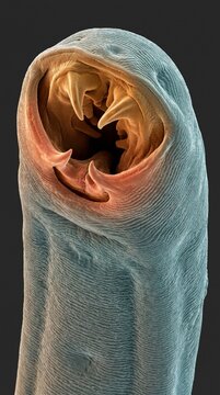 Vertical photo of a hookworm head under scanning electron microscope