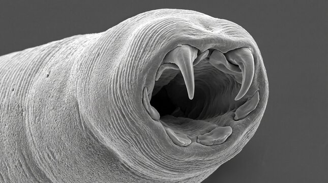 Scanning electron micrograph of a hookworm mouth with teeth