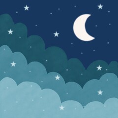 Obraz premium Cute vector illustration of a starry night sky with clouds and a crescent moon.