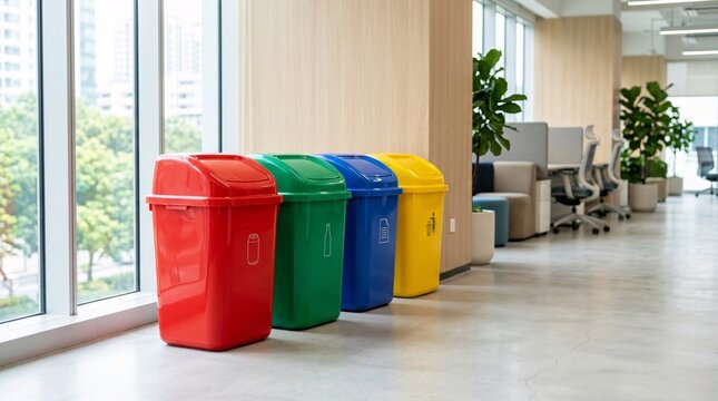 Neat modern row of colorful recycling bins in bright yellow, royal blue, emerald green and scarlet red inside a glossy office interior.