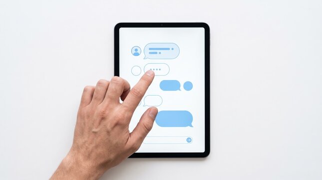of male hand touching tablet screen showing chat conversation bubbles interface, illustrating digital communication messaging app usage and social networking interaction on white