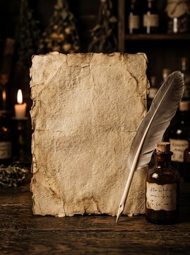 Old parchment paper background with quill pen. Vintage rustic texture for creative writing projects