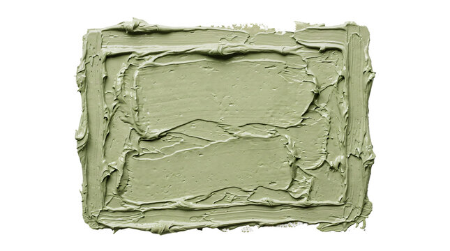 Sage green cosmetic mud cream thick textured rectangle smear with detailed natural organic clay finish depicted on transparent background