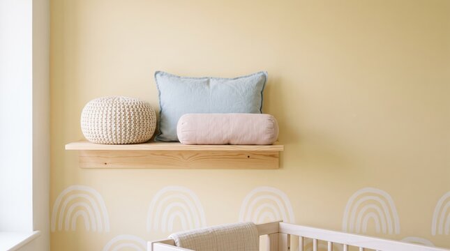 Minimalist nursery room interior featuring light wood floating shelf with soft decorative pillows and knitted pouf against pale yellow wall with white rainbow mural pattern