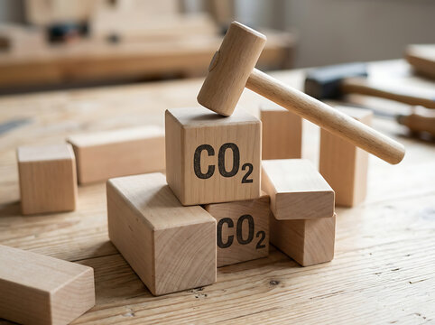 Wooden hammer hitting co2 carbon blocks
