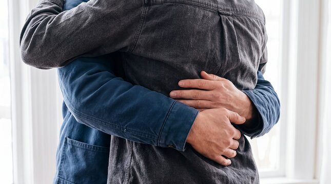 Embrace hug couple comfort support relationship intimacy love reassurance home. Two people share a firm embrace from behind beside a bright window at home for relationship campaigns