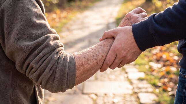 Hands support walking elderly guidance senior assistance caregiving outdoors mobility. A younger hand steadies an elderly person's arm during a walk on an autumn path for caregiving campaigns