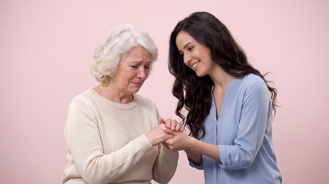 Grandmother granddaughter support senior comfort family caregiving women sadness compassion. A granddaughter holds her crying grandmother's hands against a plain background for caregiving campaigns