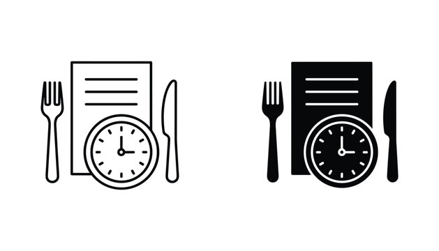 Meal time vector icon isolated on white Black and white outline line art and solid glyph silhouette