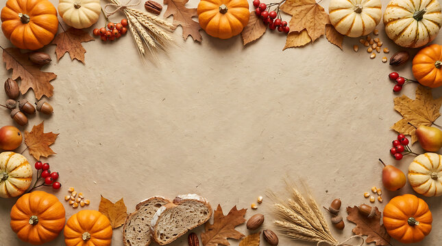 Thanksgiving harvest frame with pumpkins bread wheat acorns pinecones leaves berries on textured cream background for seasonal autumn greeting card layout.