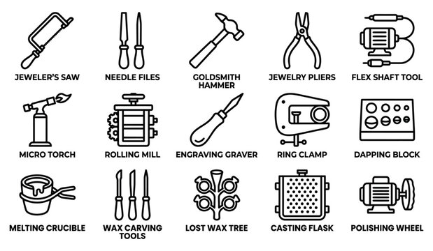 Set of jewelry making tools and goldsmith equipment icons in thin line black and white style Minimal Outline Liner icon set bundle collection. Editable stroke Vector Illustration Mega pack
