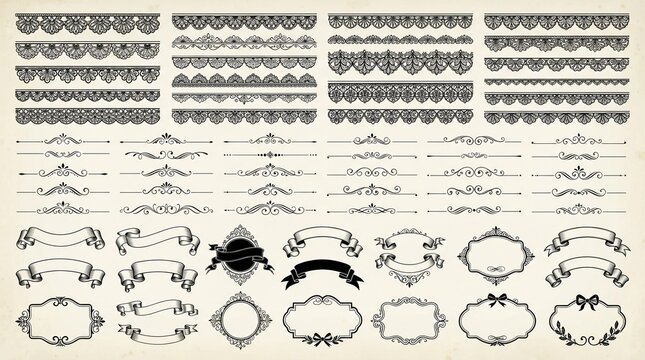 Intricate vintage lace borders and ornate calligraphic dividers paired with elegant decorative ribbons and frames isolated on a soft textured paper background for professional creative design.