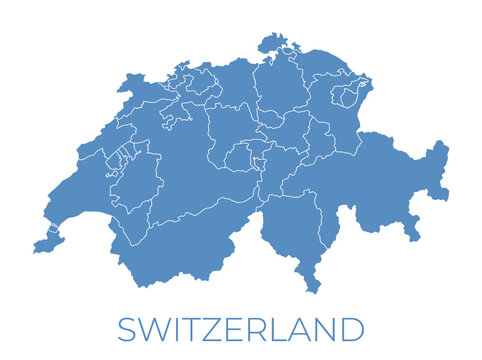 Blue map of Switzerland showing cantons borders