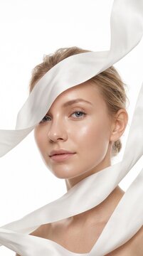 Conceptual soft focus beauty portrait of a model half hidden behind a massive oversized white floral petal on white background