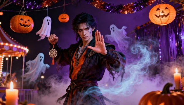 Dark fantasy sorcerer holding occult amulet among ghosts and Halloween decorations at spooky carnival