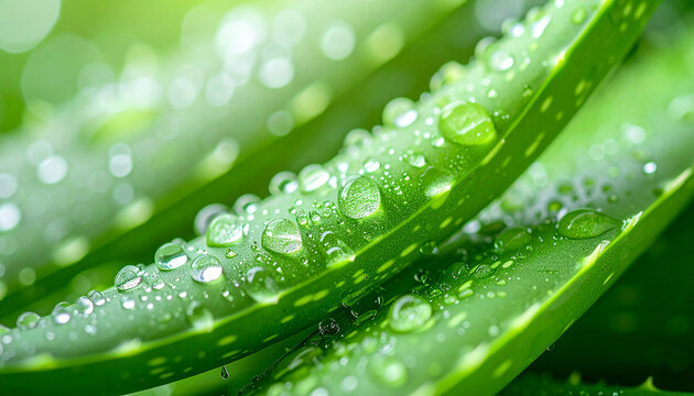 Fresh green aloe vera leaves covered with crystal-clear water drops, natural hydration concept, vibrant botanical texture, blurred green background, close-up.