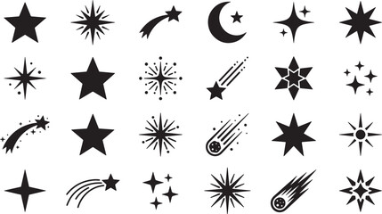 Fototapeta premium Set of black star and comet icons for celestial design elements in a flat vector graphic style