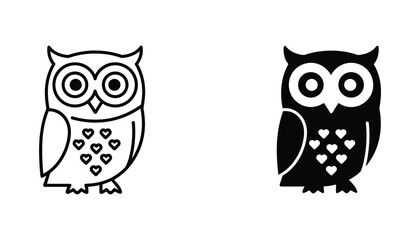 Fototapeta premium Owl vector icon isolated on white Black and white outline line art and solid glyph silhouette