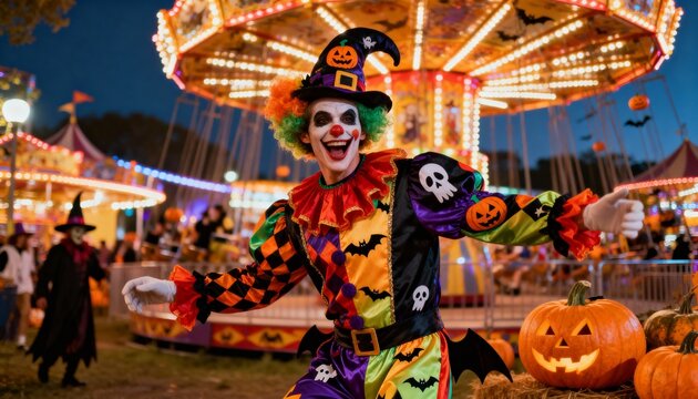 Cheerful Halloween clown in colorful costume posing at illuminated amusement park with jack-o'-lanterns