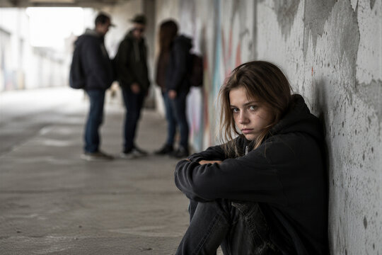 Sad lonely teenage girl sitting on the street ground while a group of blurry teens stands in the background, youth bullying and social exclusion concept