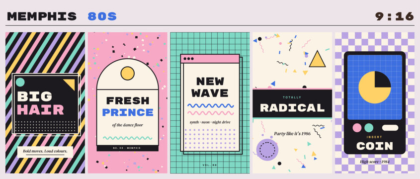 Memphis 80s vertical backgrounds set, 5 templates with confetti grid terrazzo and arcade