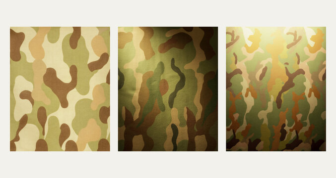Vintage duck hunter camouflage fabric background set, set of 3 retro blotch pattern variations side by side in natural light with copy space for banner and apparel design